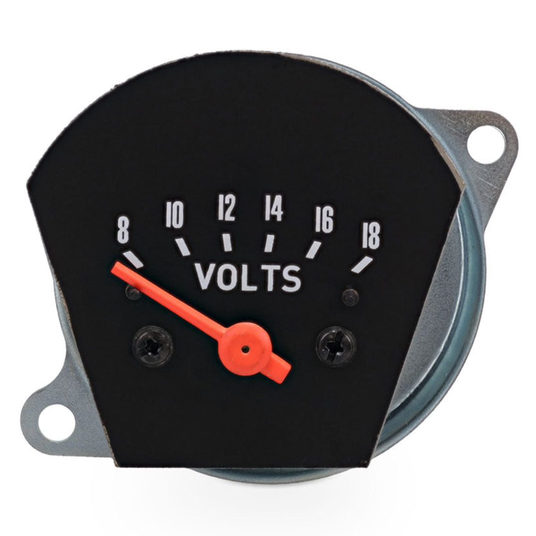Silver voltmeter gauge with black face and white markings, front view