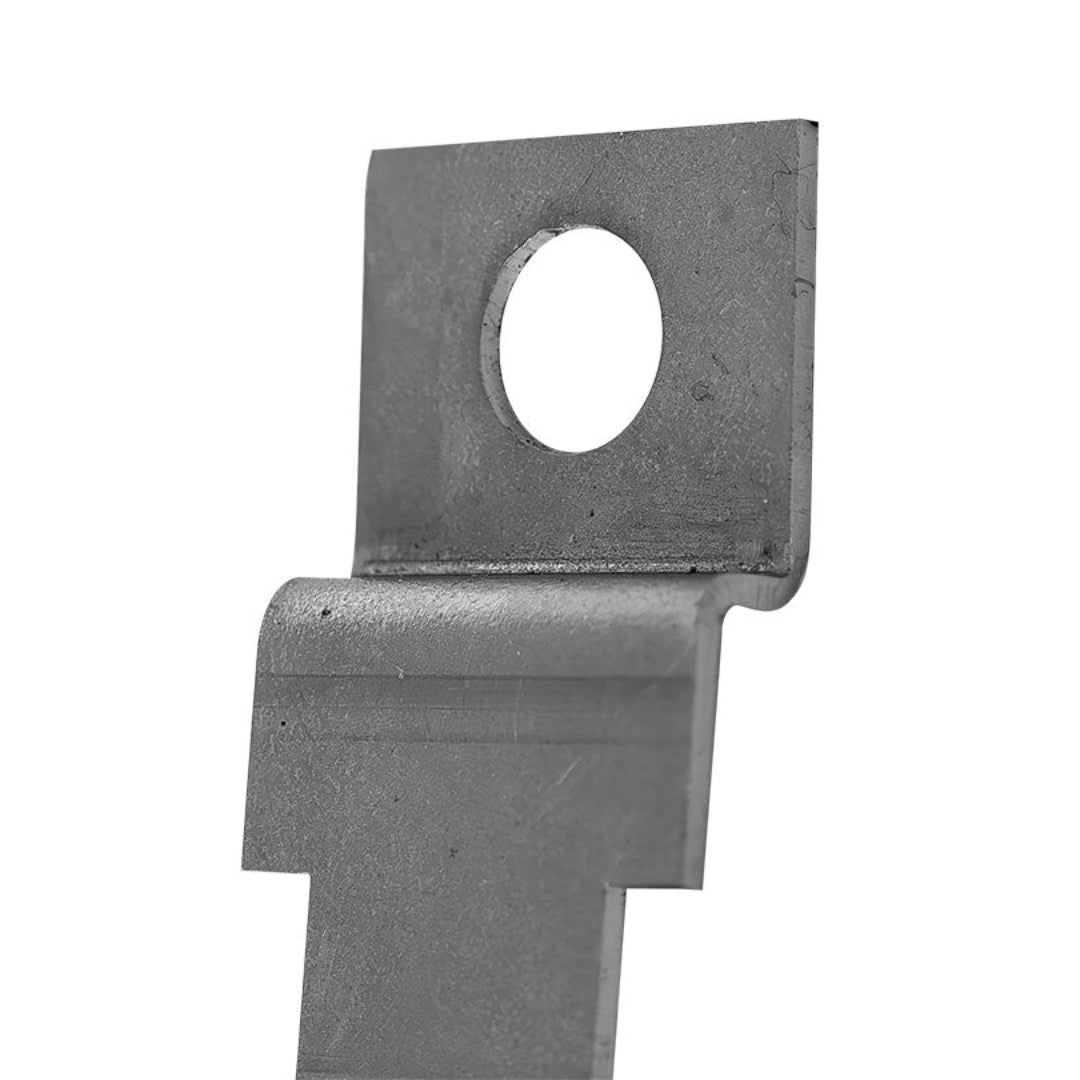 Black metal armrest bracket with mounting holes, side view
