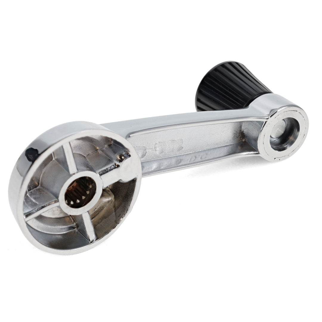 Chrome window crank handle with black knob, side view
