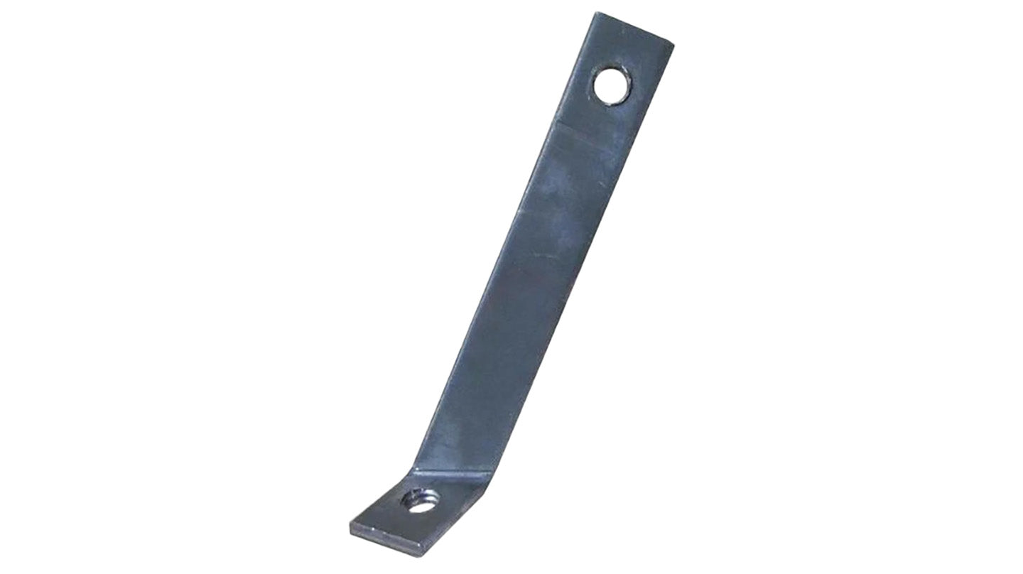Black metal fender support bracket with bolt holes, side view
