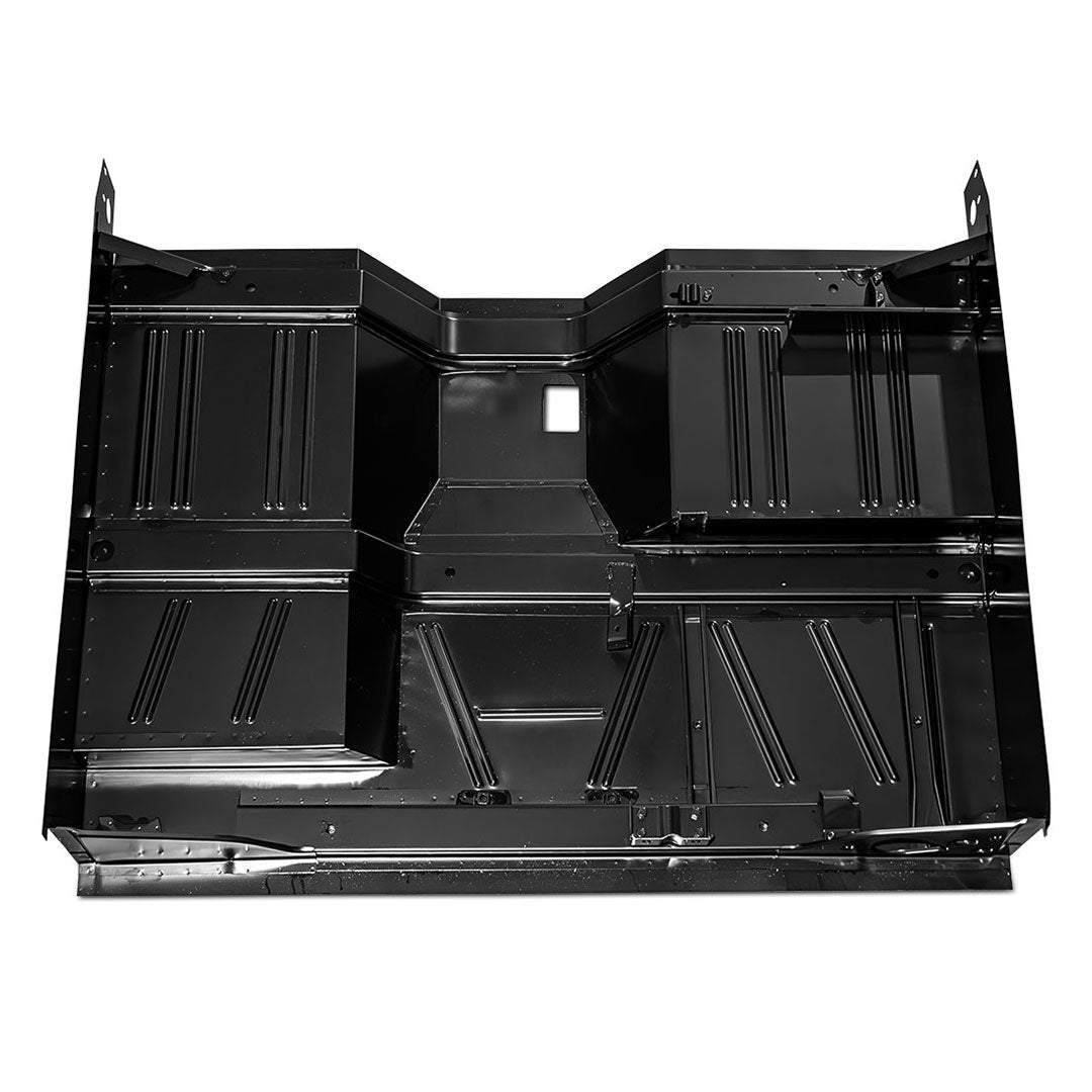 Bronze metal floor pan assembly with bolt holes, front view