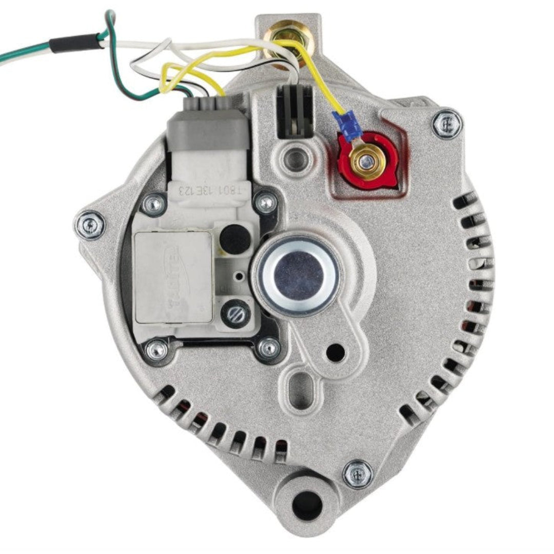 Silver automotive alternator with V-belt pulley, three-wire setup, front view
