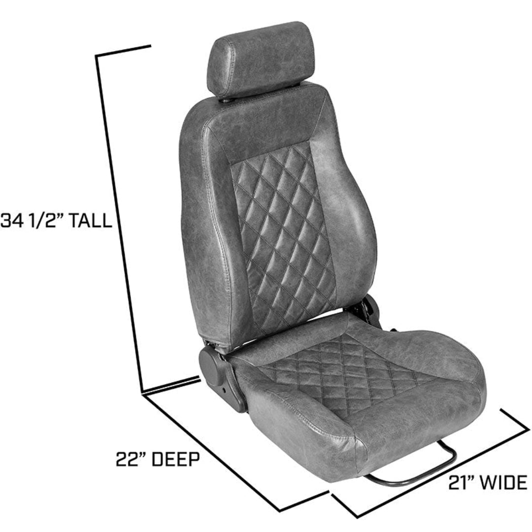 Brown deerskin bucket seat with front buckle closure, side view