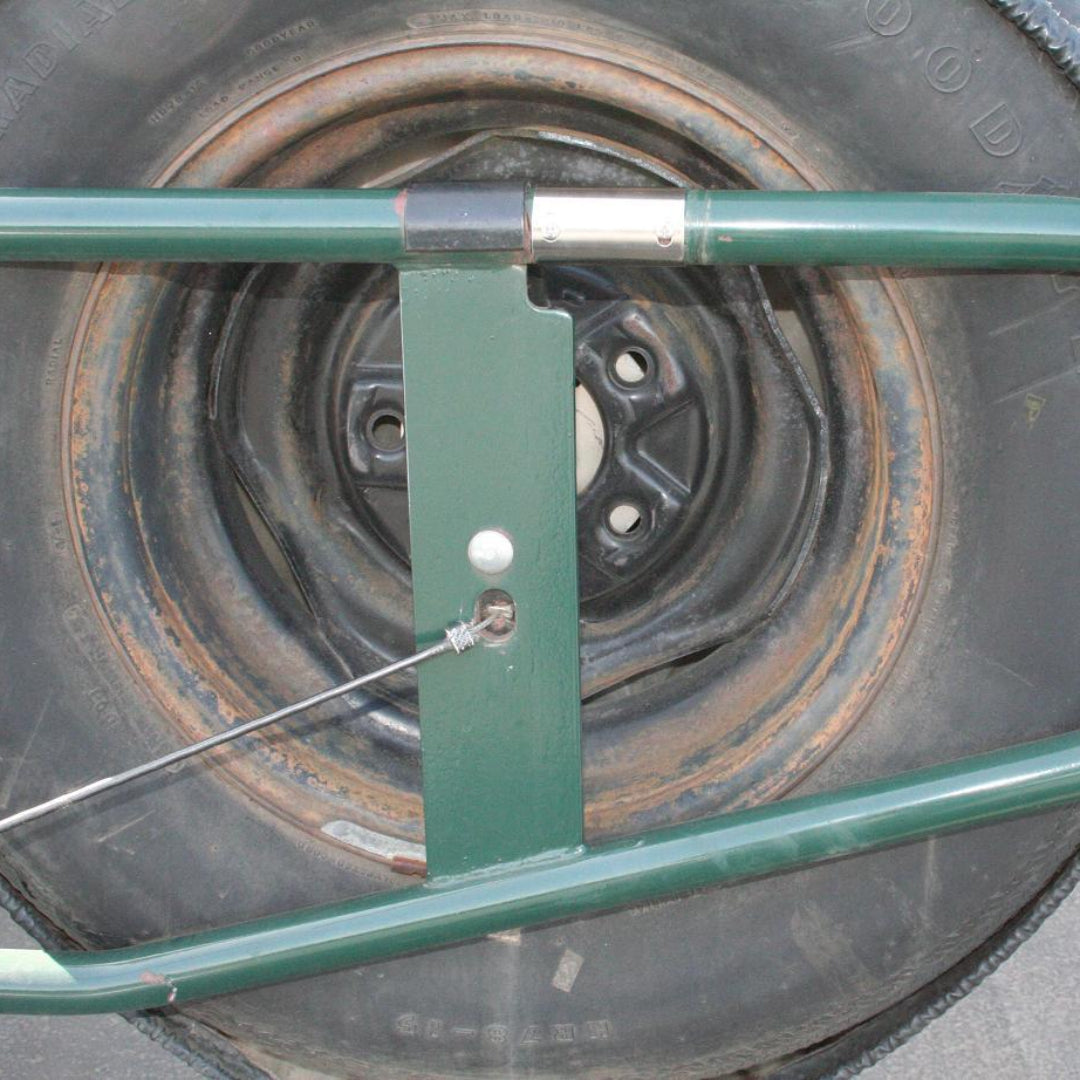 Stainless steel tire carrier latch guard loop for Ford Bronco, side view