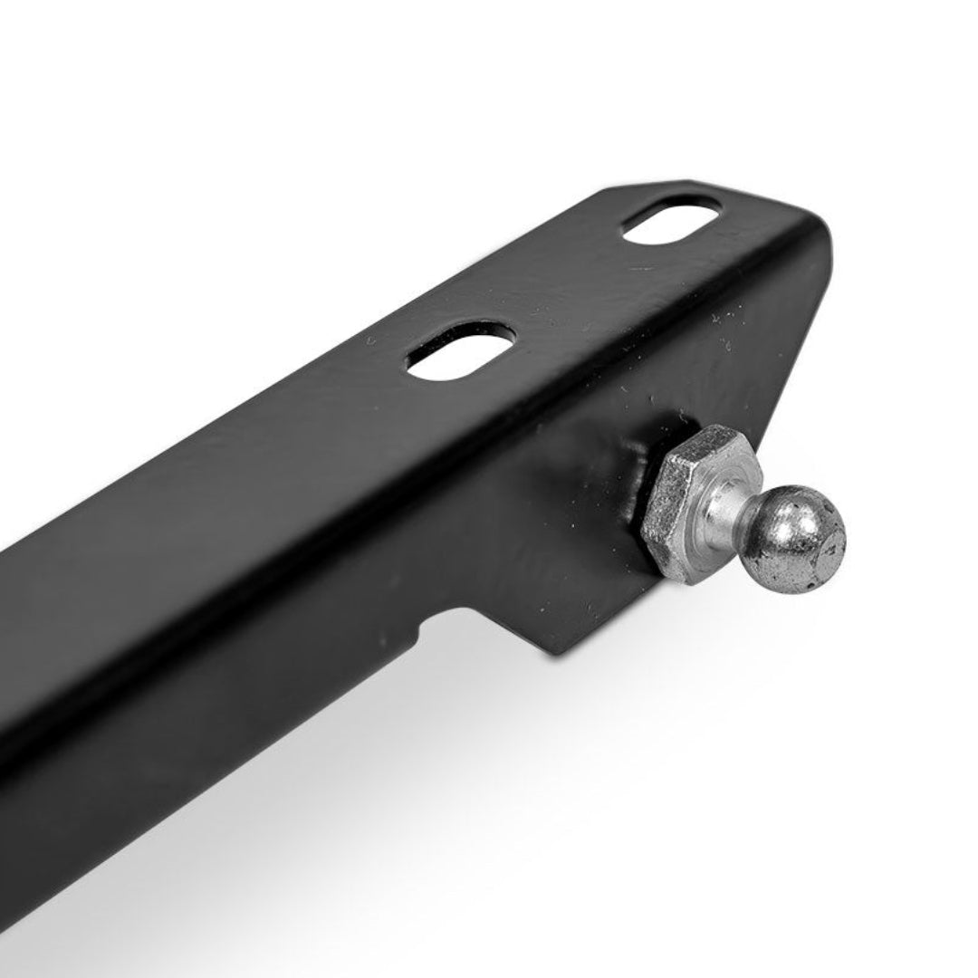 Black metal hood prop braces with adjustable tension knobs, side view