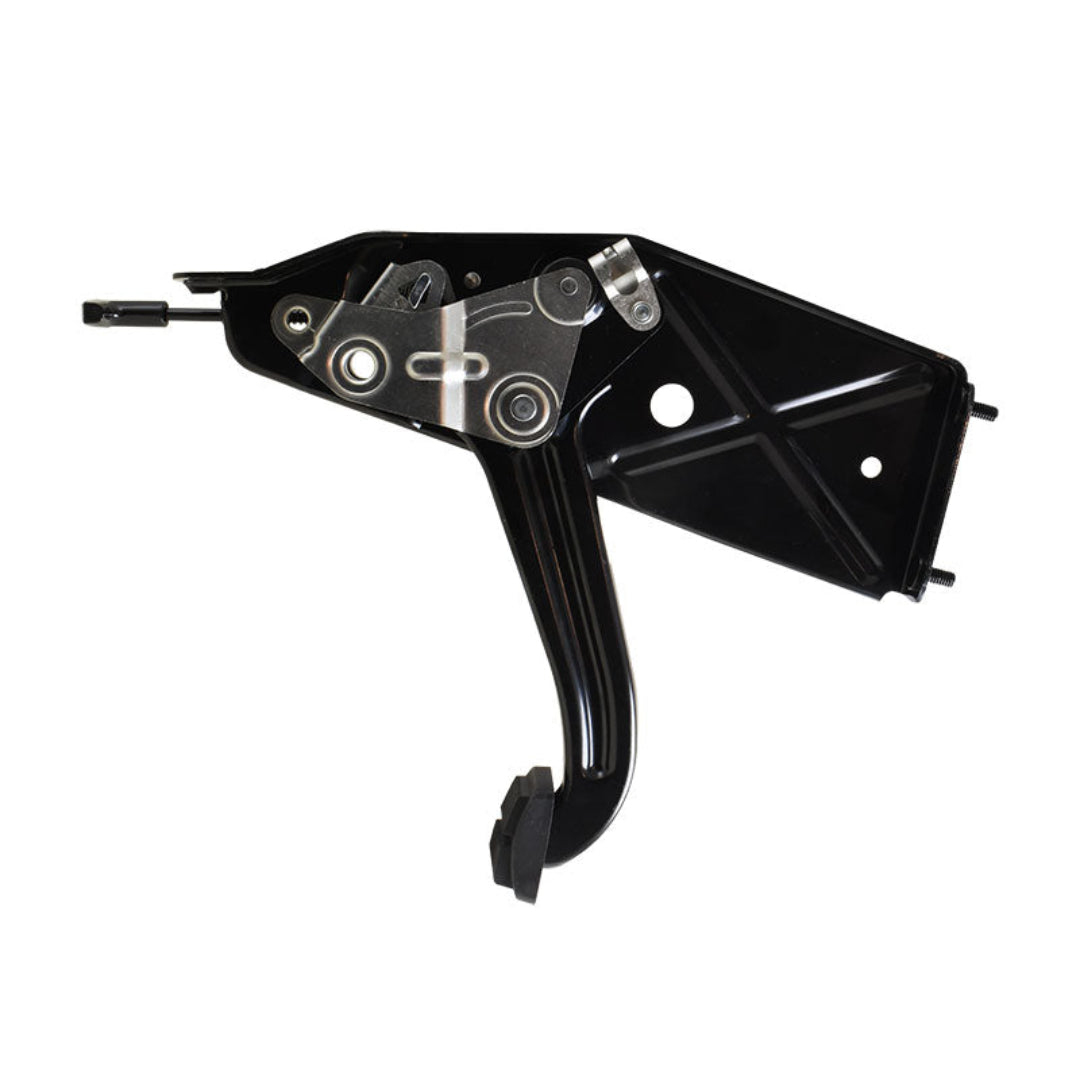 Metal emergency brake pedal assembly with mounting bracket and spring, side view