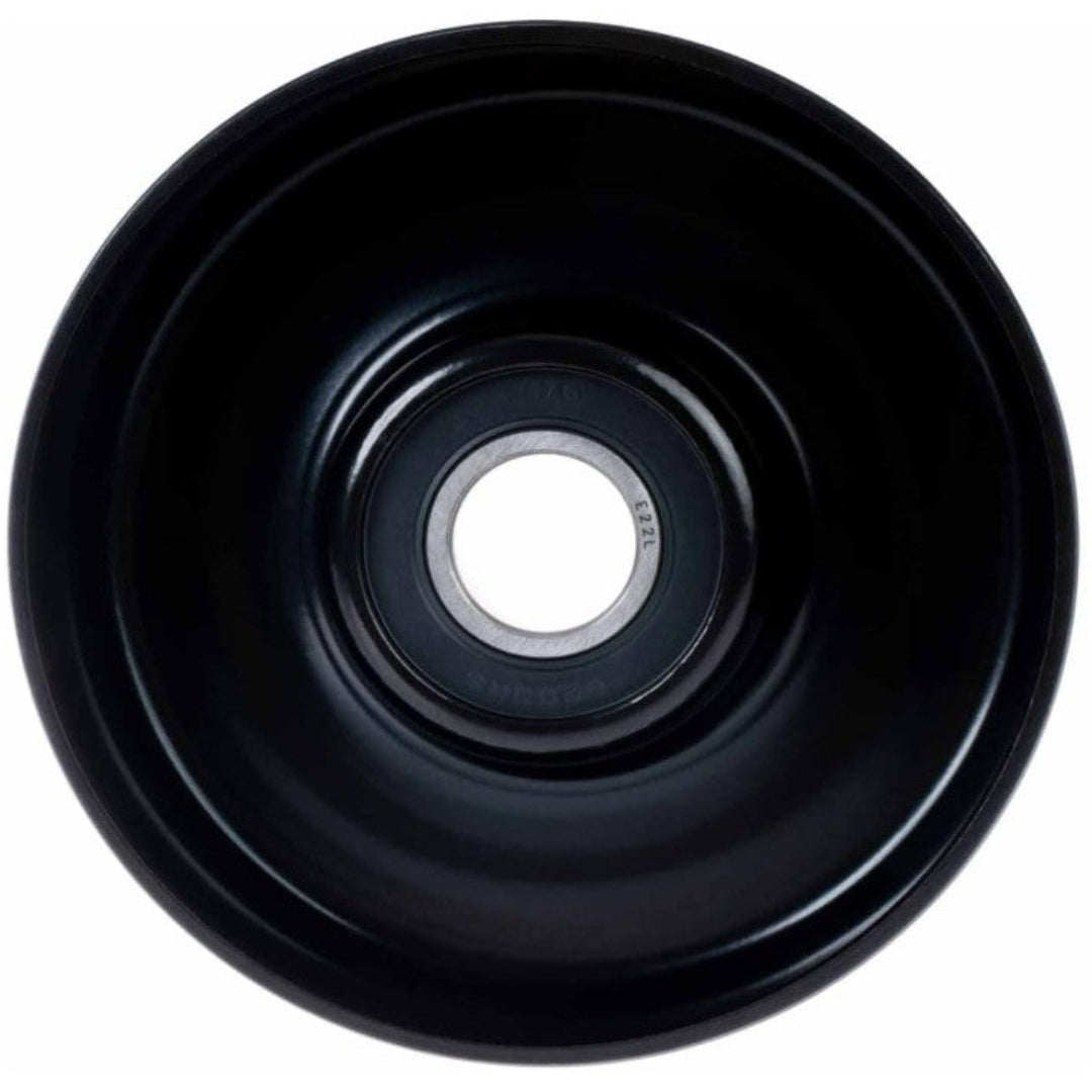 Silver metal tensioner pulley with ribbed surface, front view