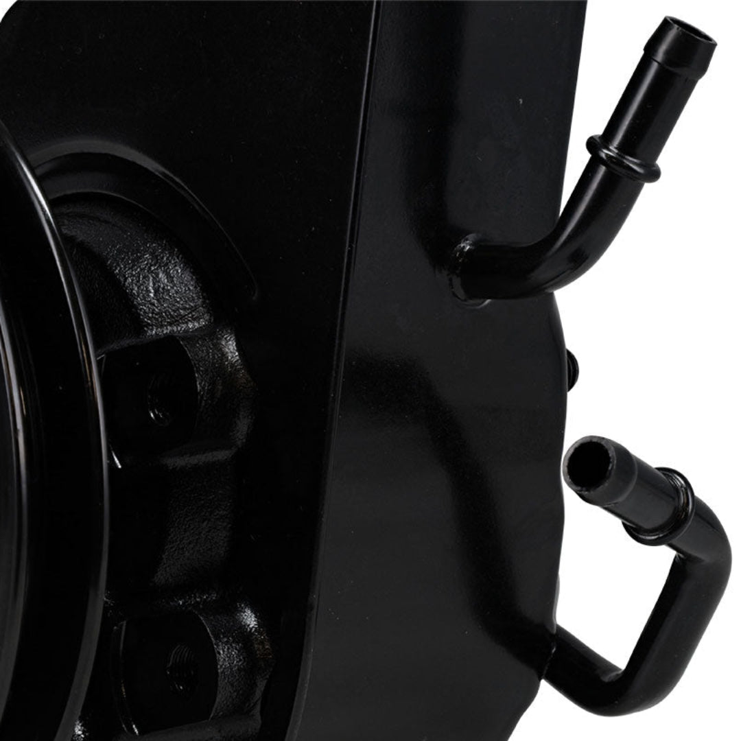 Black metal power steering pump with dual return ports, front view