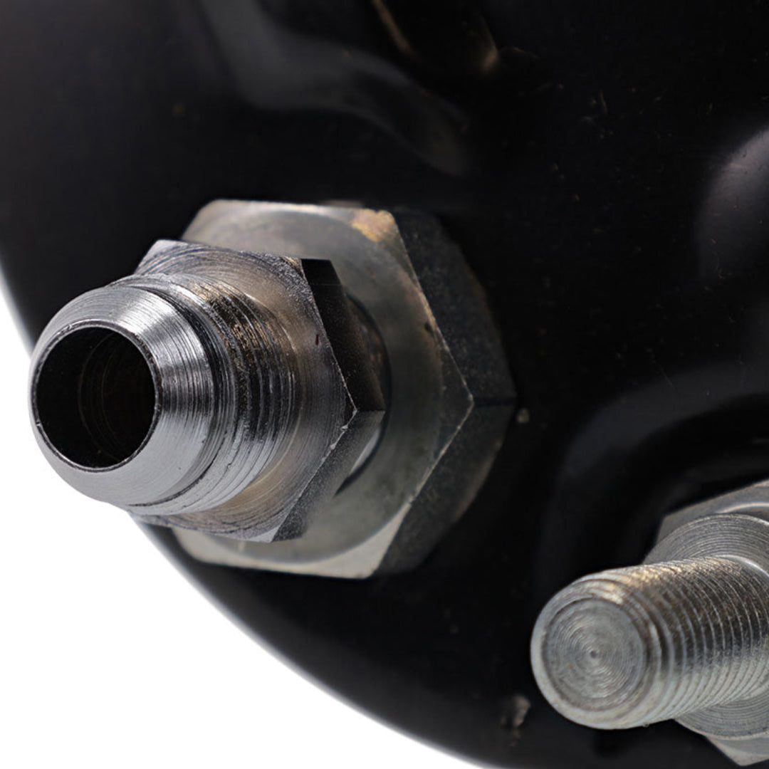 Metal power steering pump fitting with threaded connection, side view