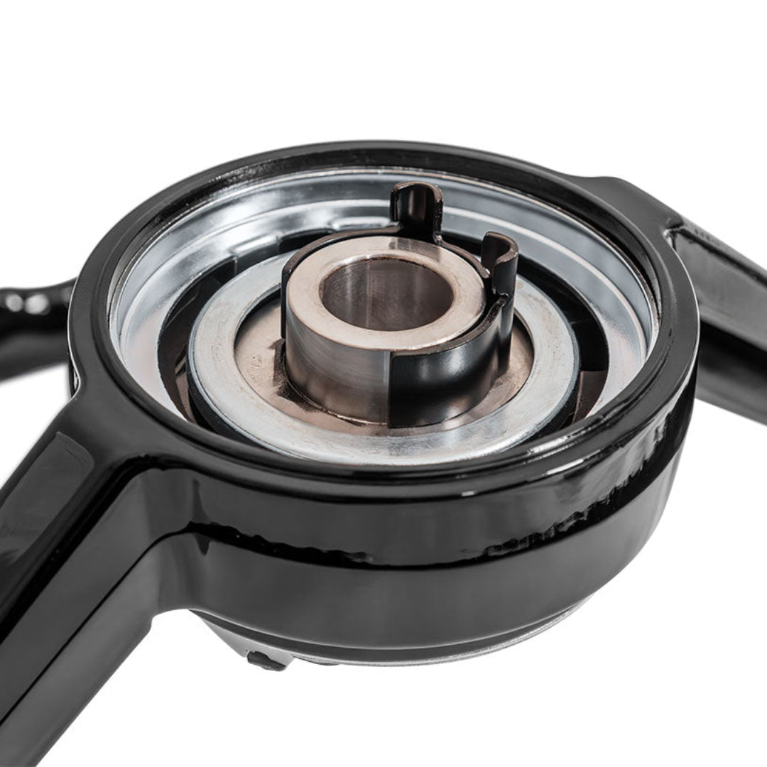 Black 14.5-inch steering wheel with three-spoke design and textured grip, front view