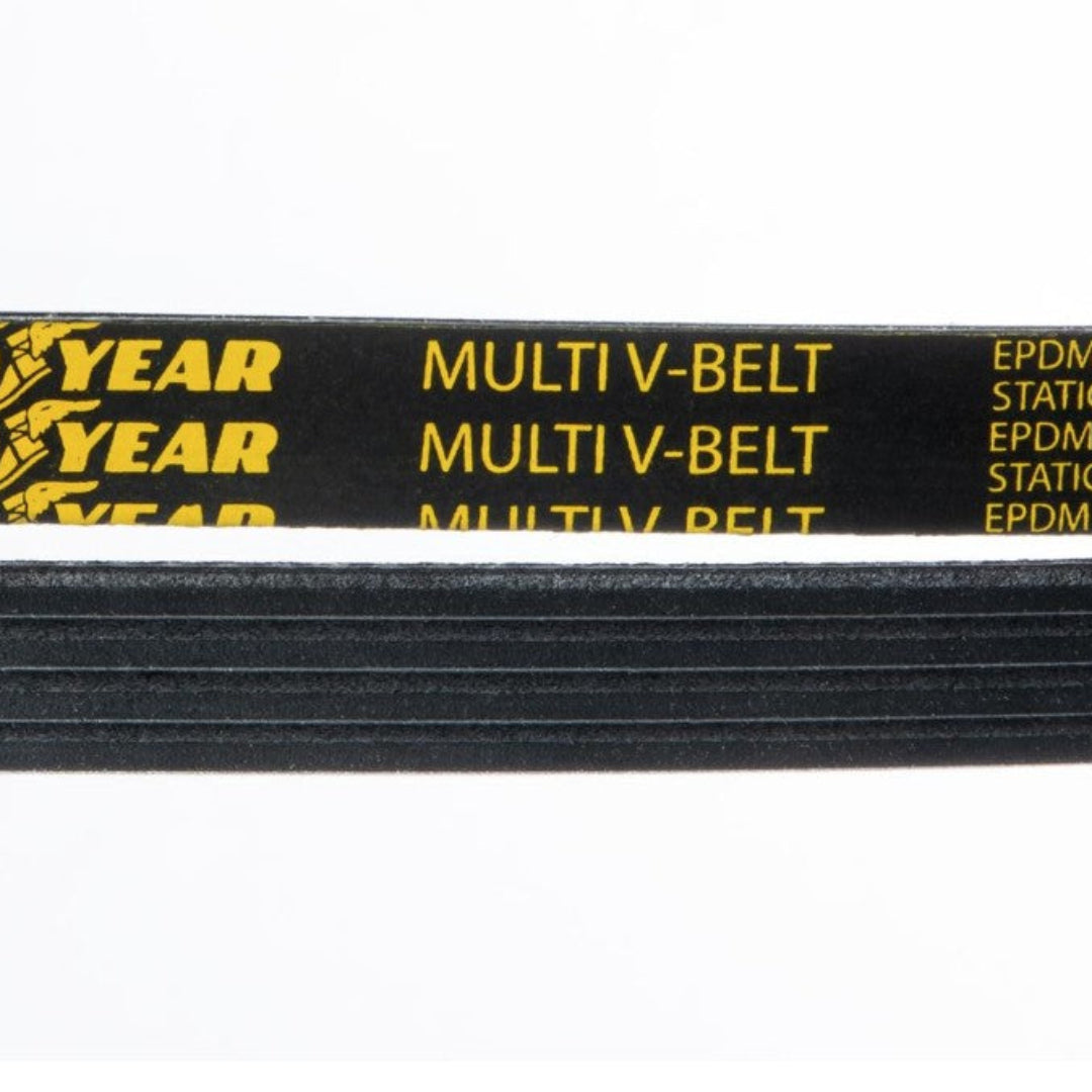 Serpentine belt for 2.7L engine, ribbed rubber with metal tensioner, side view