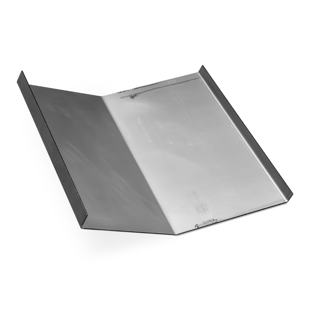 Black metal skid plate with bolt holes for fuel tank protection, side view