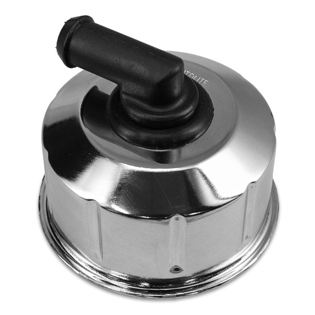 Chrome breather cap with textured grip and vented design, side view