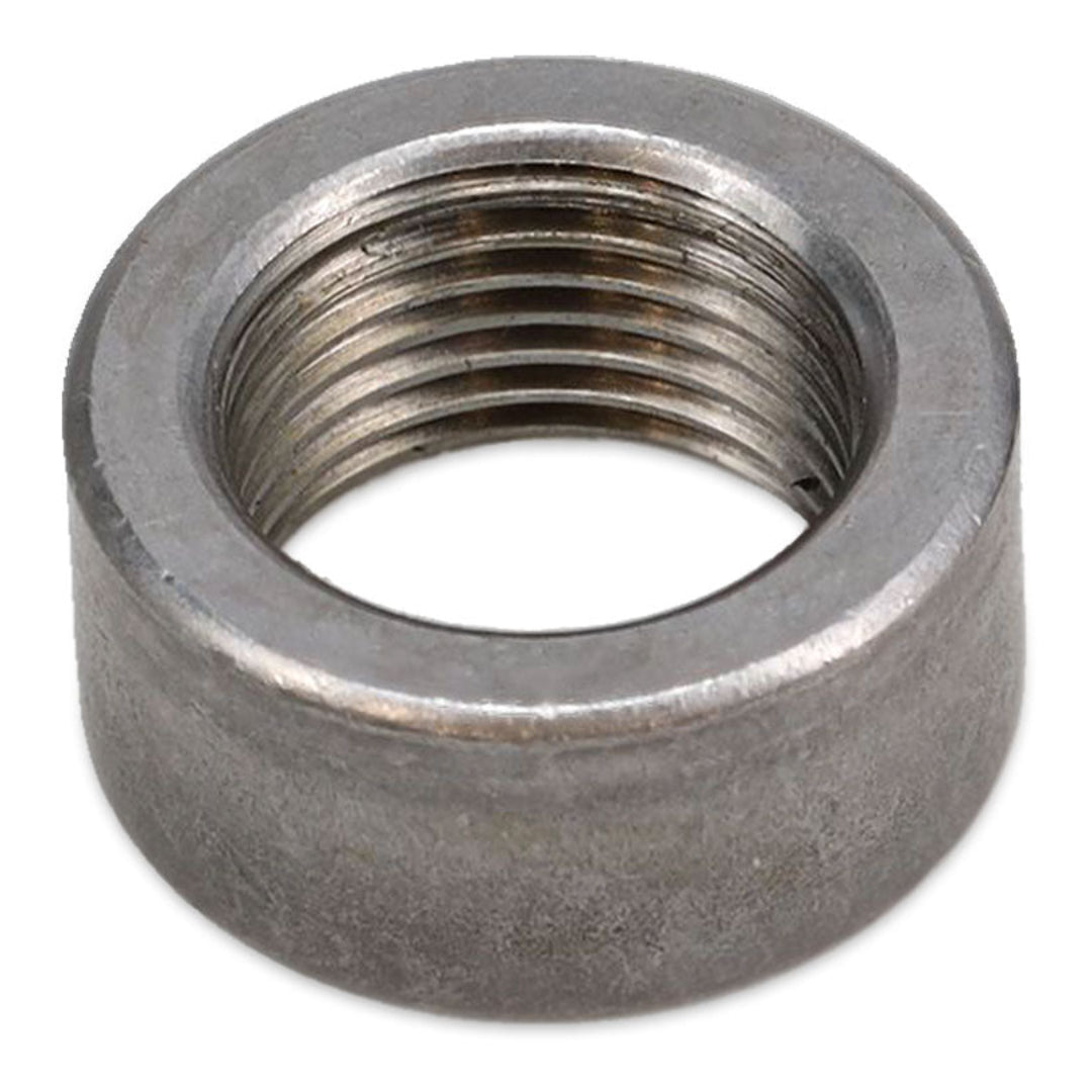 Silver metal O2 sensor bung with threaded port for EFI conversion, side view