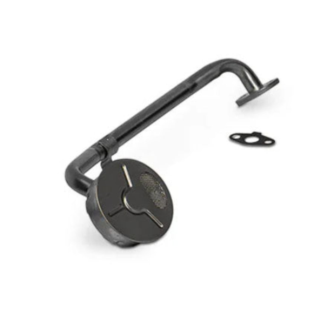 Bronze-colored oil pan pickup tube with mounting flange, side view