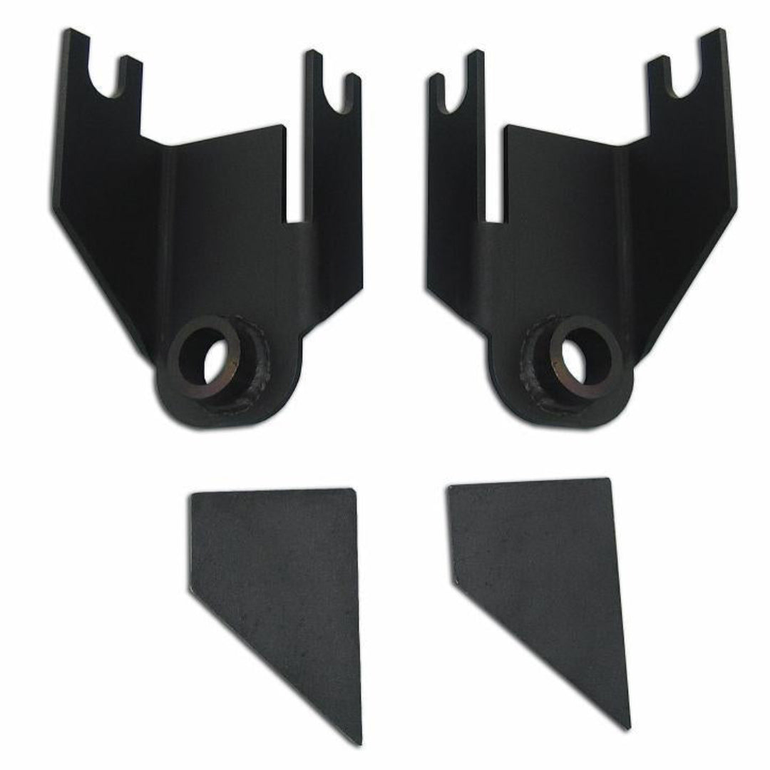 Black steel radius arm drop brackets with bolt holes, side view
