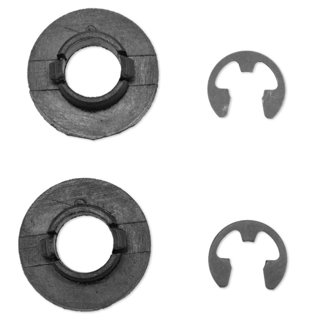 Black rubber bushings and metal clips for off-road suspension