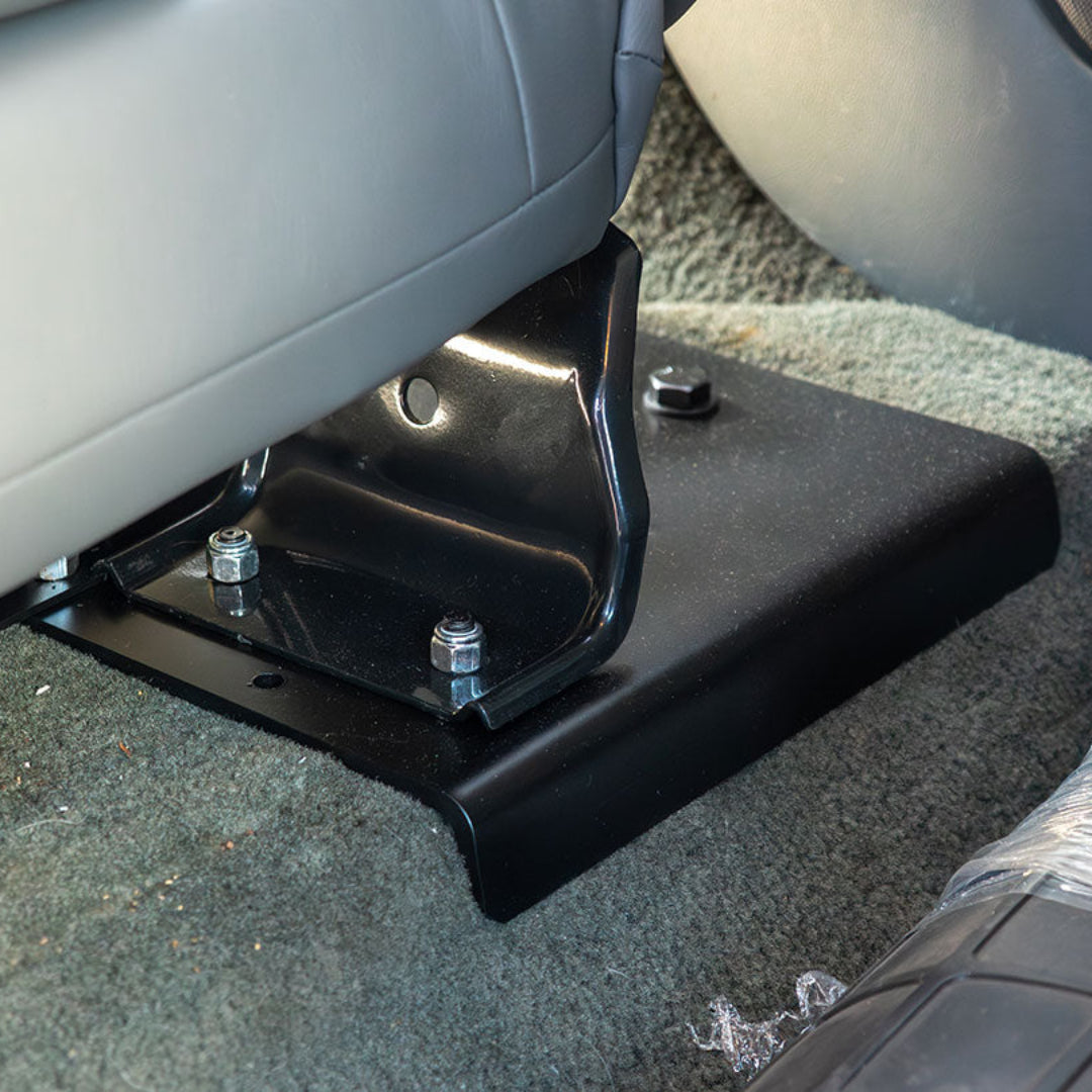 Black steel seat brackets with bolt holes, front and rear view for Ford Bronco