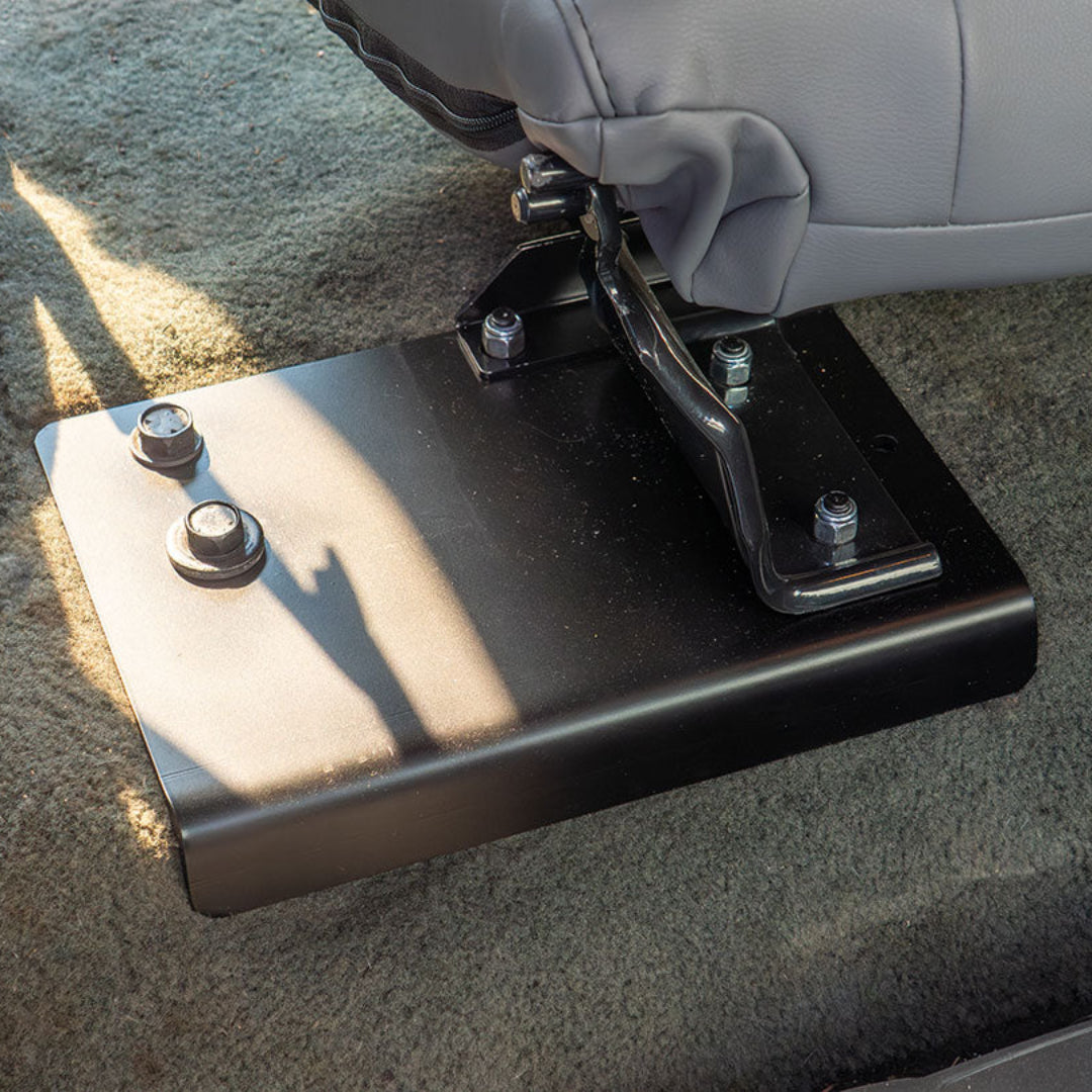 Black steel rear seat brackets with mounting hardware, side view