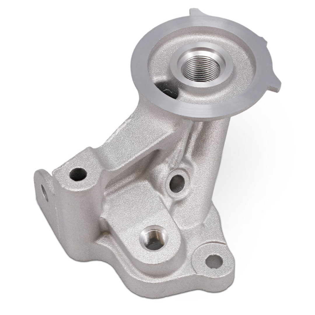 Silver aluminum oil filter adapter with threaded fittings, front view