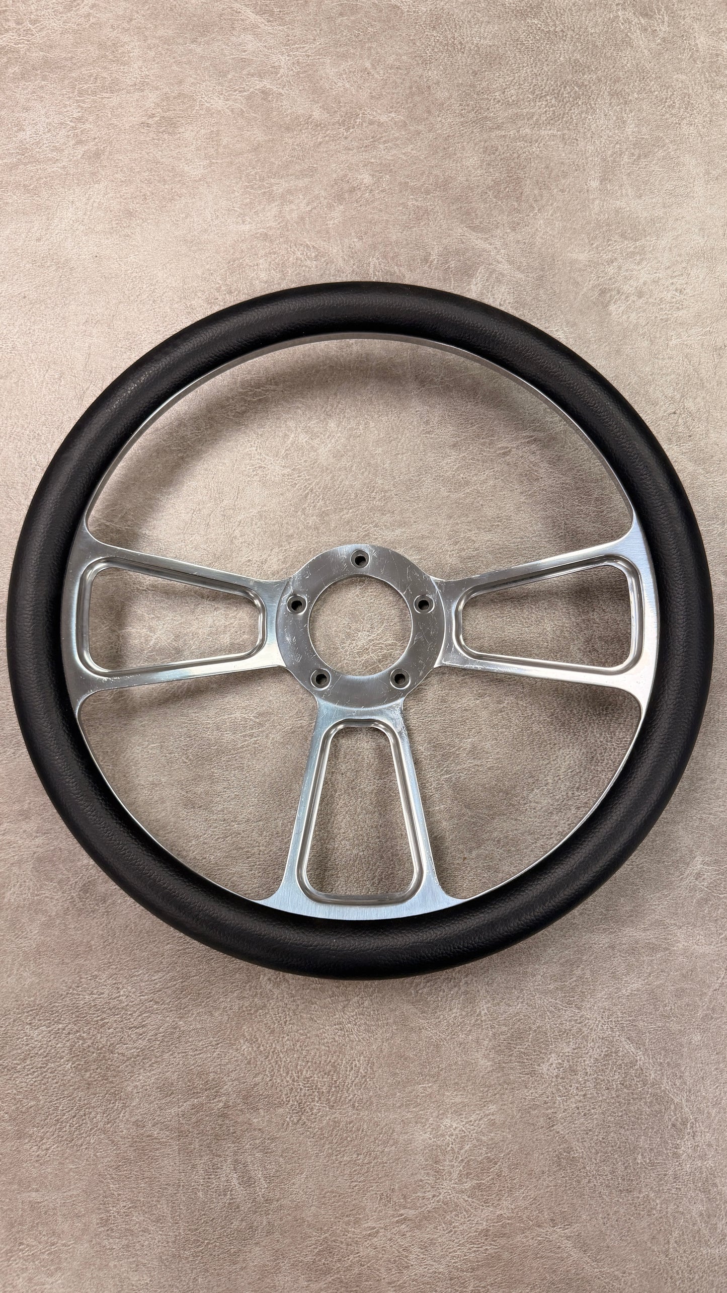 Polished Steering Wheel w/Black Vinyl Wrap for 1966-91 Ford Bronco, BLEM AA