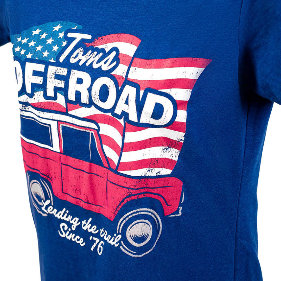 Red, white, and blue patriotic graphic tee with distressed American flag design, front view