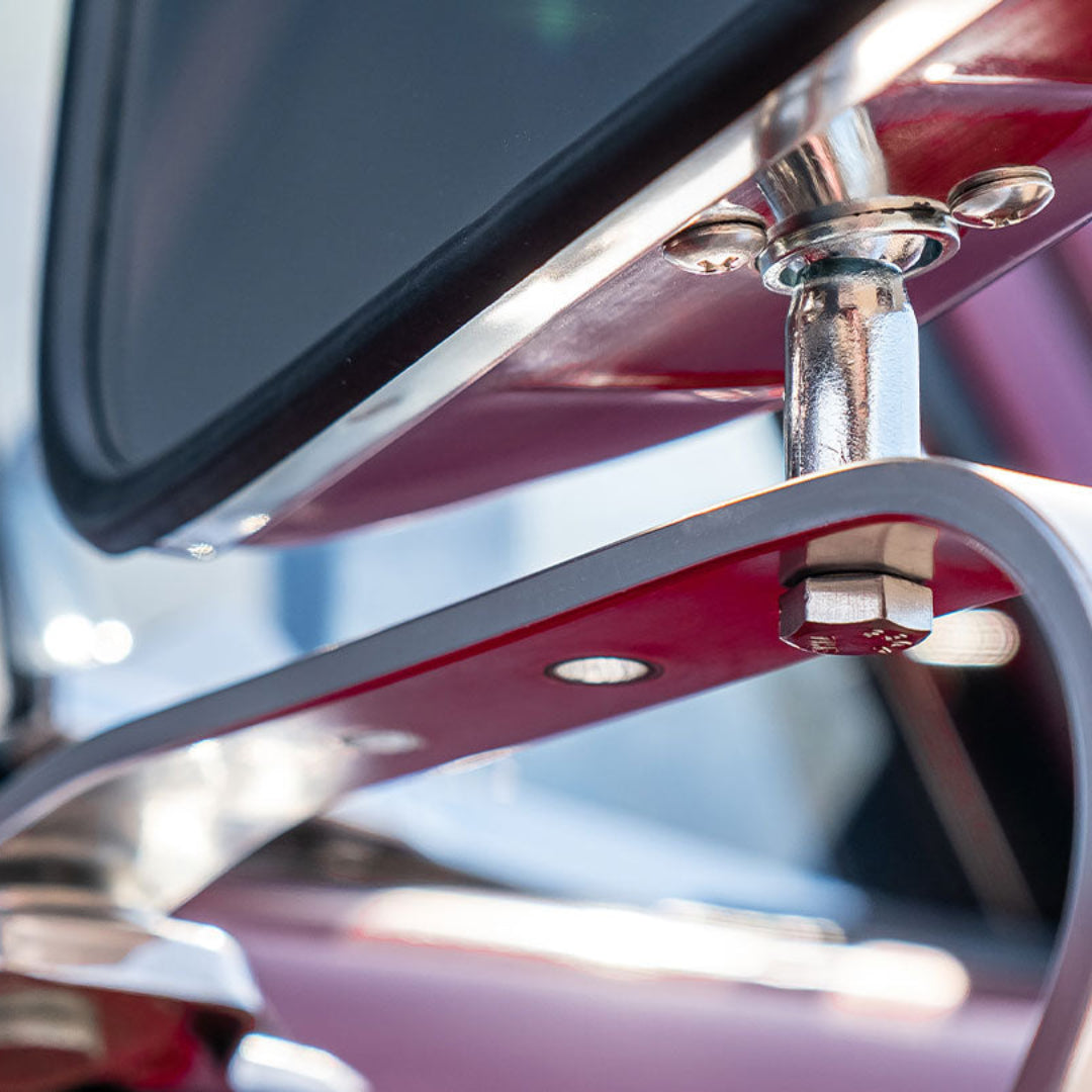 Stainless steel fold-away side mirrors with adjustable arms, pair, front view