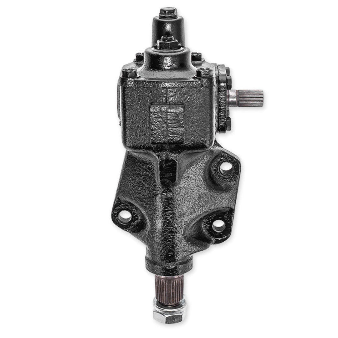 Rebuilt manual steering box with metal housing and adjustment bolts, side view
