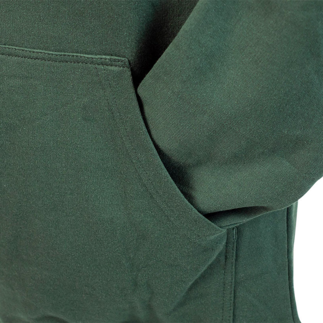 Green hoodie with front pocket and ribbed cuffs, front view