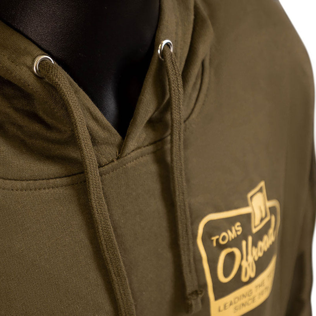 Army green hoodie with early bronco scenery graphic, front view
