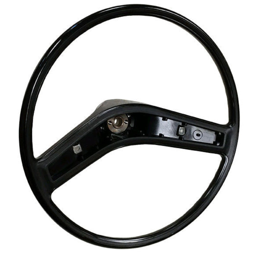 Black leather steering wheel with stitched detailing, front view