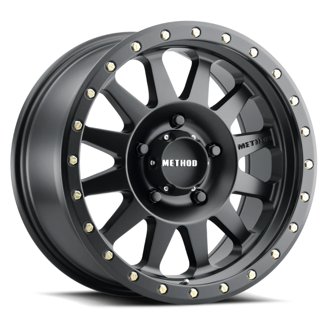 Black double standard steel wheels with 5x5.5 bolt pattern, front view