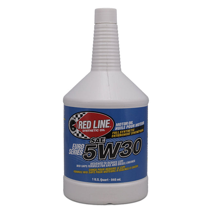 Red synthetic motor oil bottle with Euro-Series label, 5W30 grade, front view
