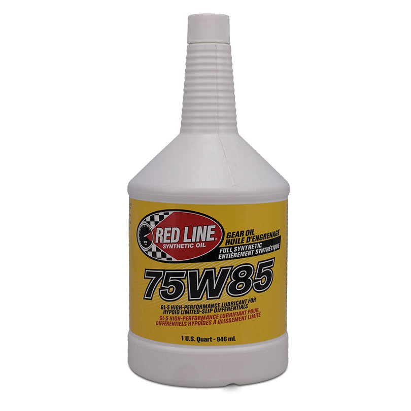 Red gear oil bottle with label, front view