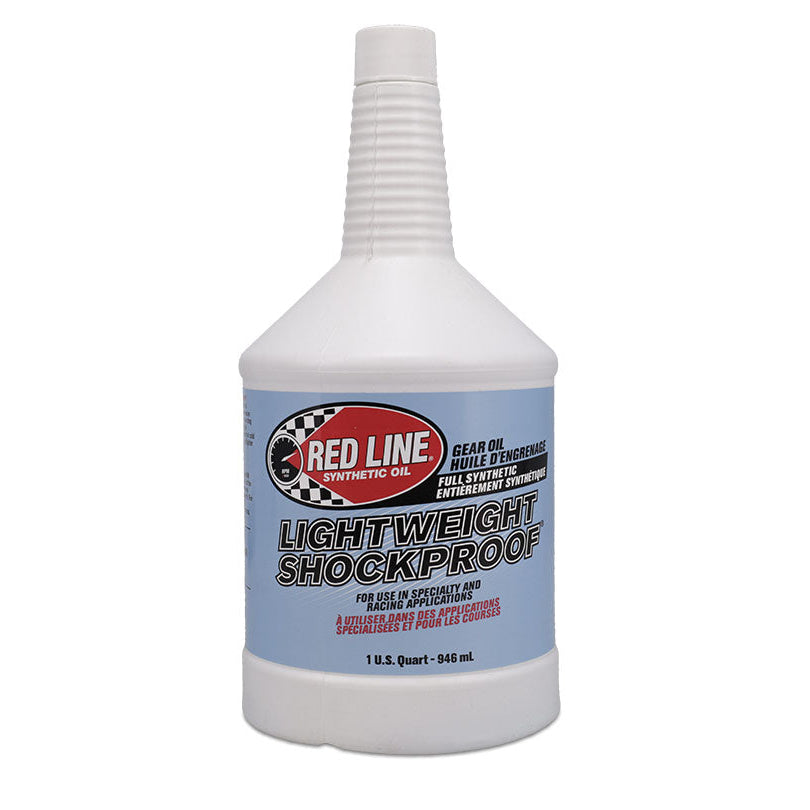 Red synthetic gear oil bottle with white label, close-up of quart container