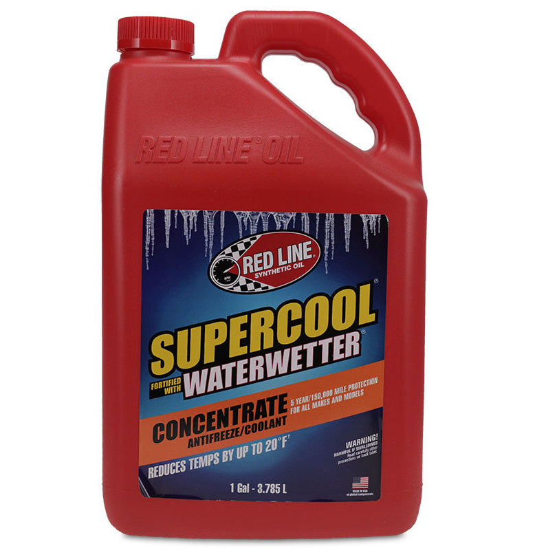 Red concentrated coolant in gallon jug with label, front view