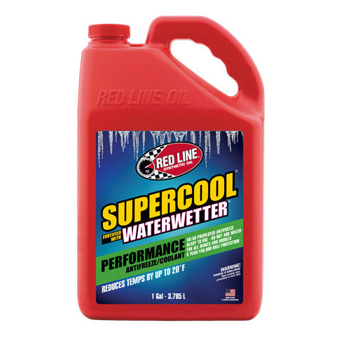 Red automotive coolant bottle with blue label, ready-to-use 50/50 mix, front view