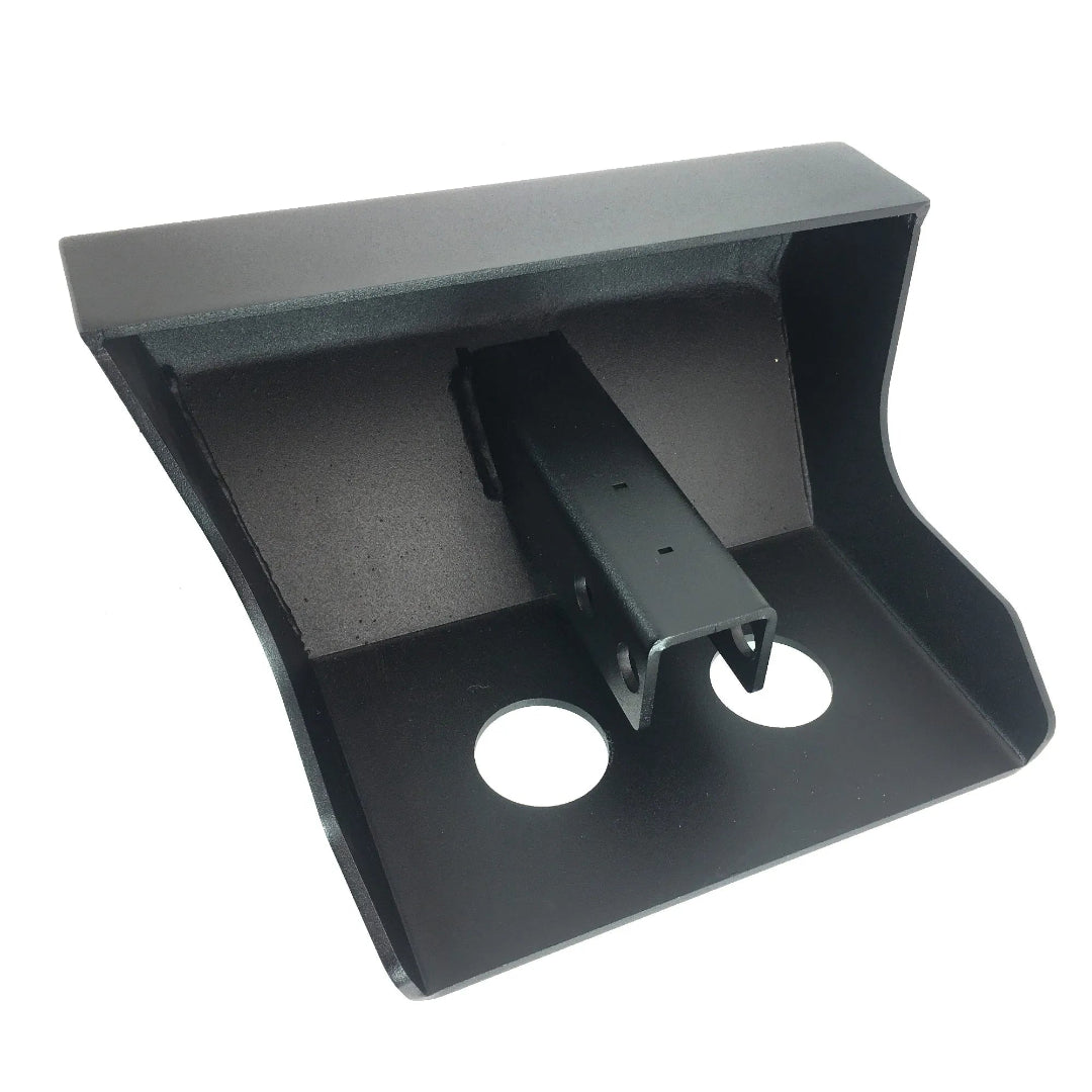 Black steel hitch slider with textured finish, mounted on Ford Bronco rear bumper, side view