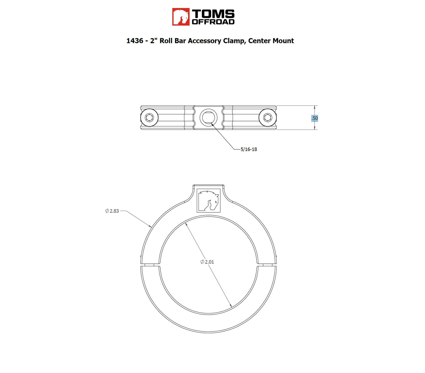 2" Roll Bar Accessory Mount Clamp, Centered Mount