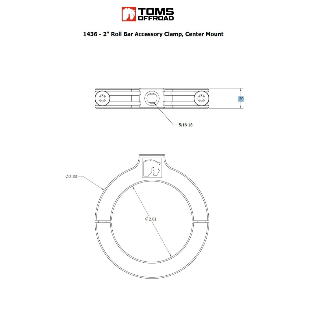 Black metal roll bar clamp with centered bolt mount, side view