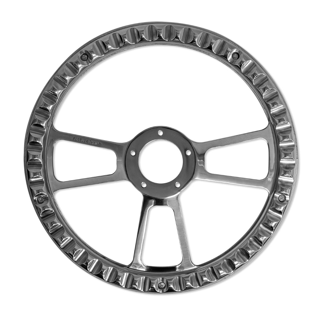 Polished billet steering wheel with natural oak wood wrap, three-quarter view