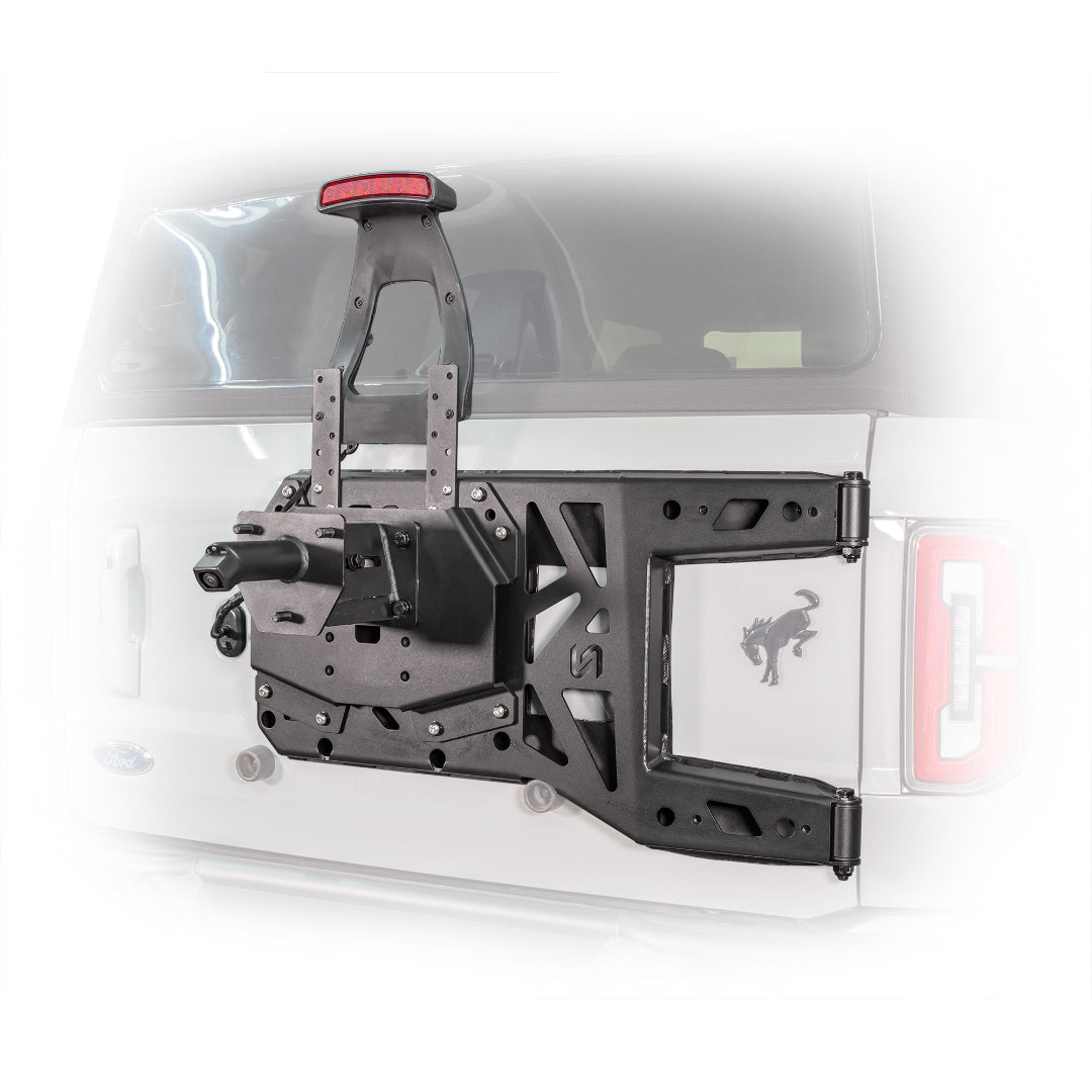Black steel tailgate reinforcement with tire carrier mount, side view