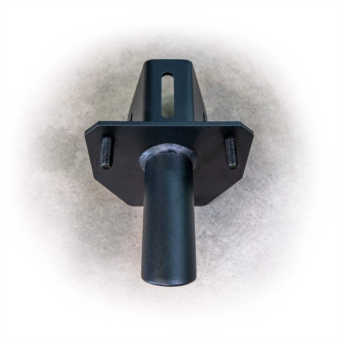 Black steel tire carrier adapter with adjustable mounting brackets, side view