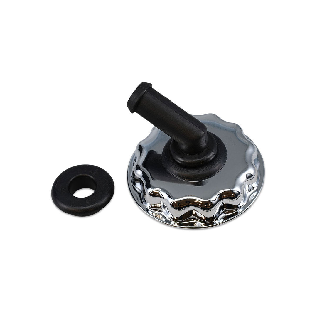 Chrome valve cover breather cap with threaded base for Ford Bronco, side view