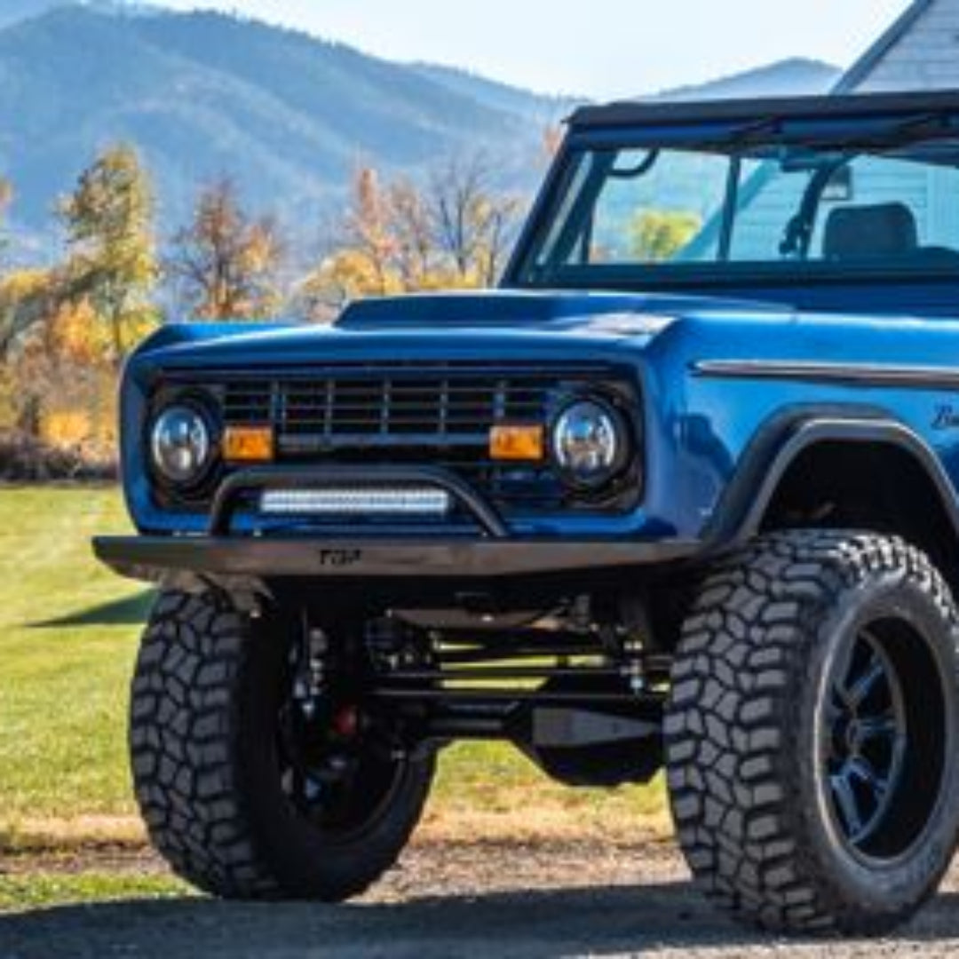 Black steel front bumper with pre-runner bar for Ford Bronco, side view