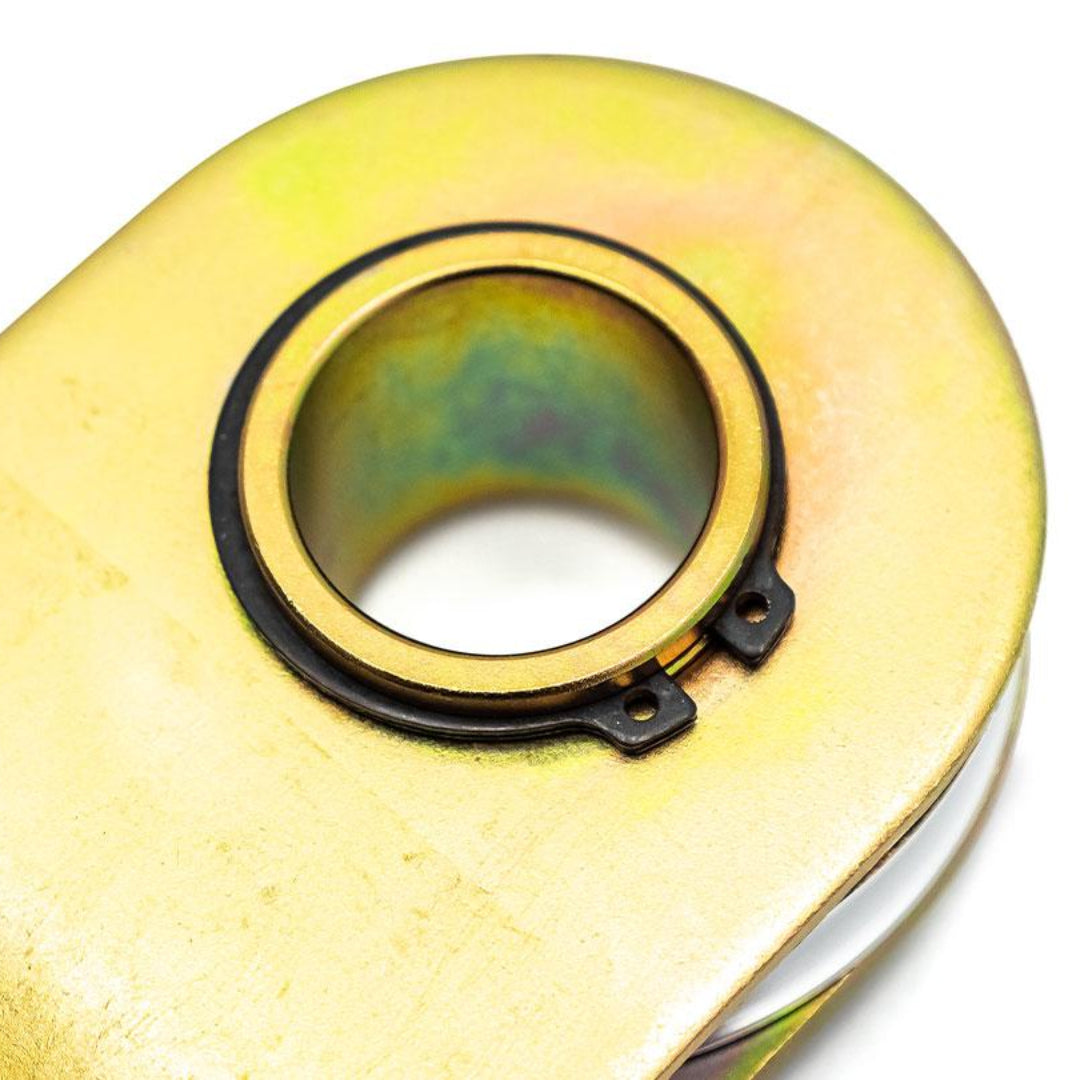 Heavy-duty snatch block with 19,000 lb rating, side view