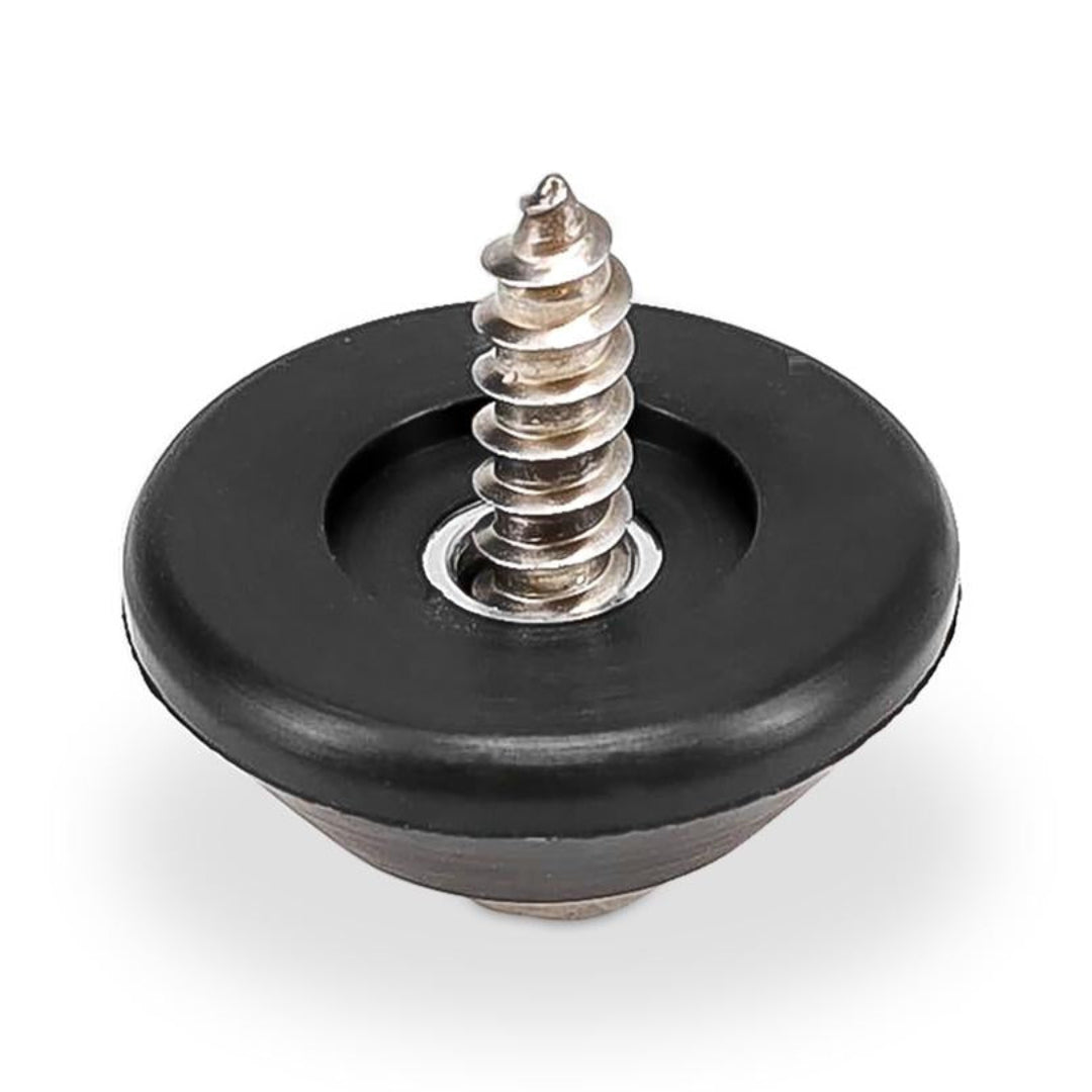 Black rubber door bumpers with adhesive backing, close-up view