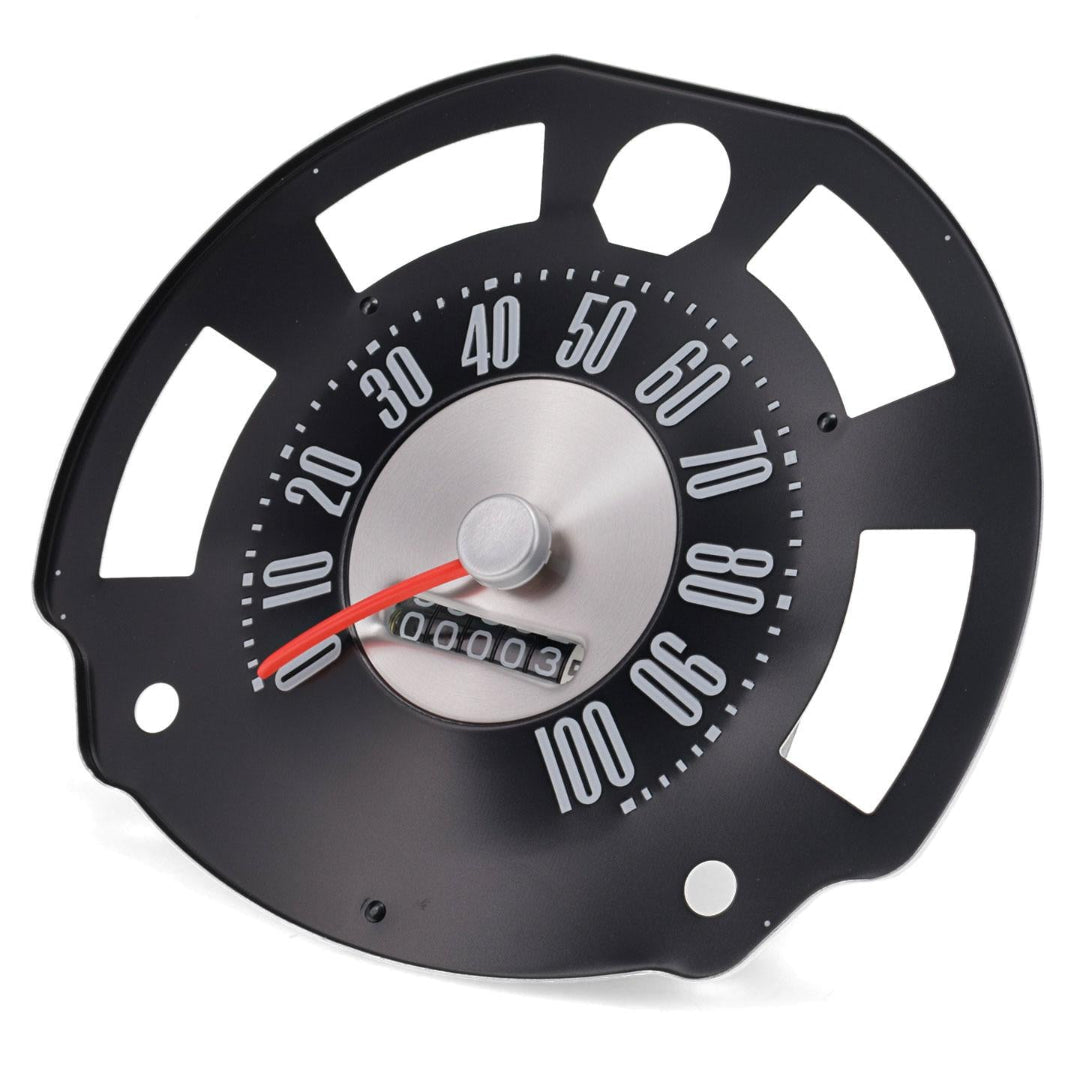 Bronco speedometer head with white dial and black numbers, front view