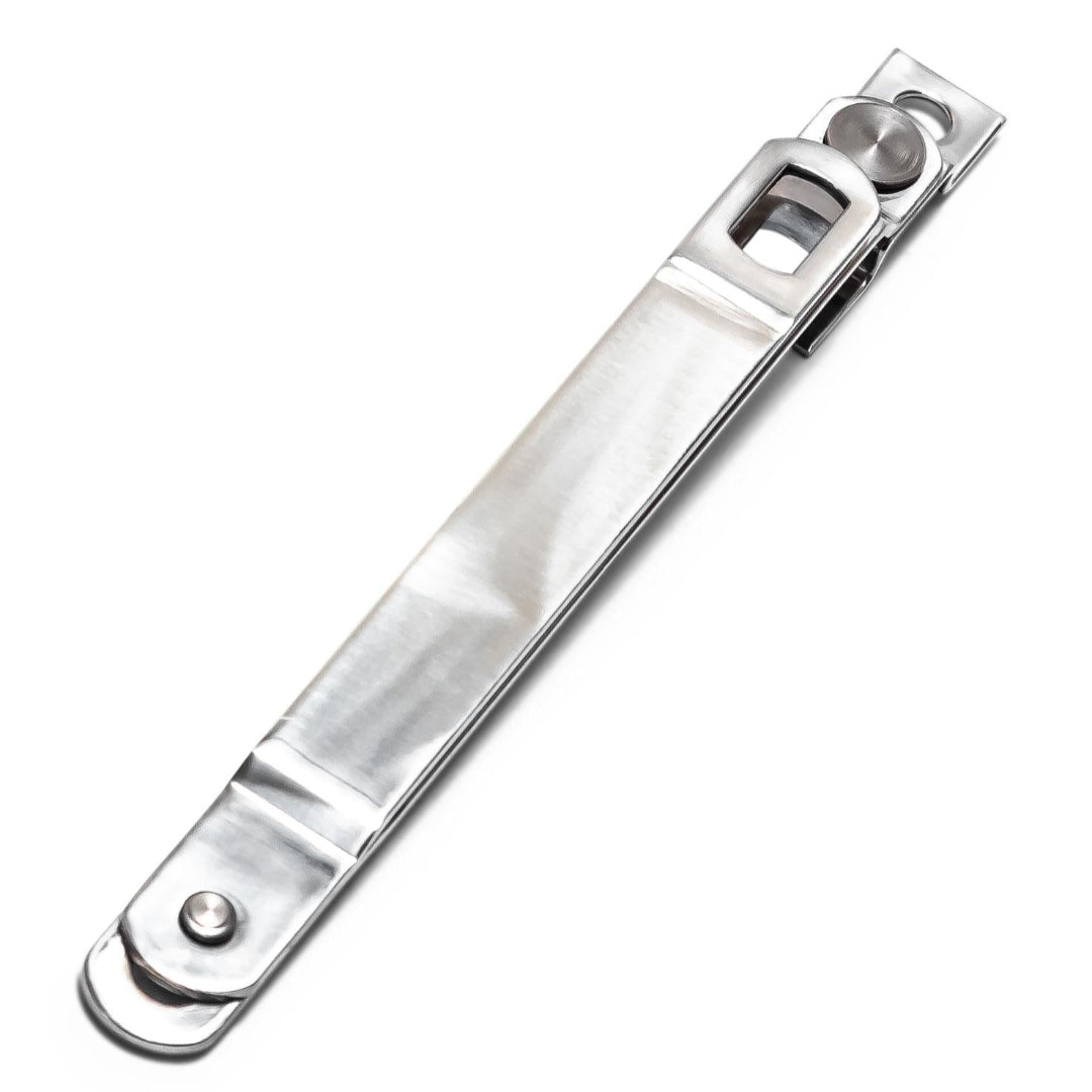 Pair of stainless steel tailgate supports with stock-style design, side view