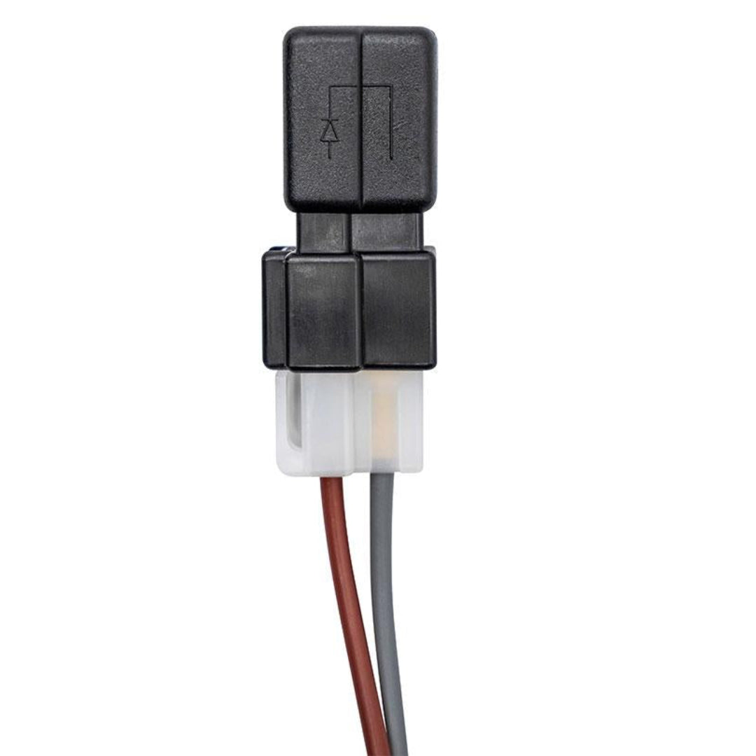 Black automotive wiring harness with relays and connectors, close-up detail